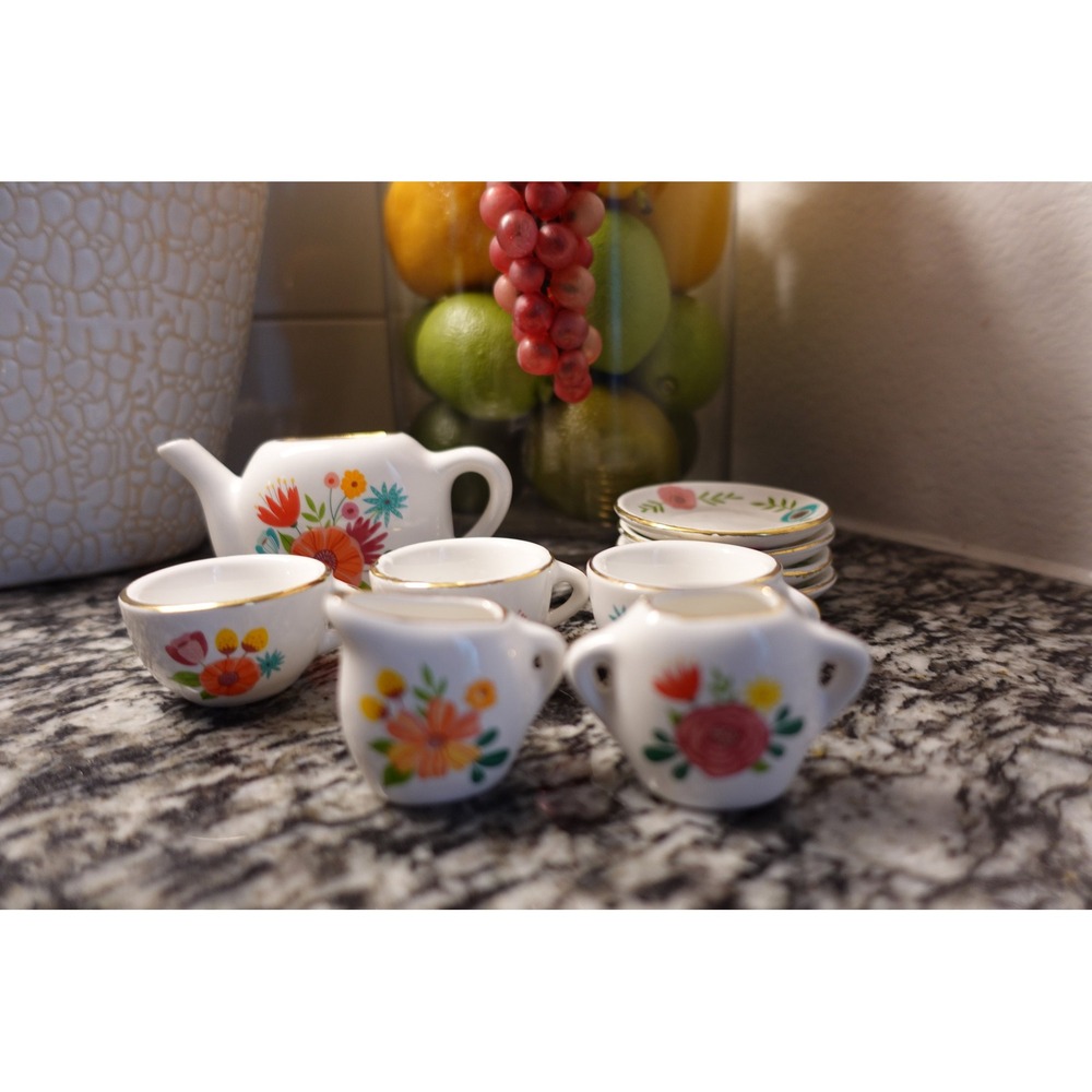 Ceramic Bright Stripes miniature tea set floral pretend playset - Picture 3 of 10